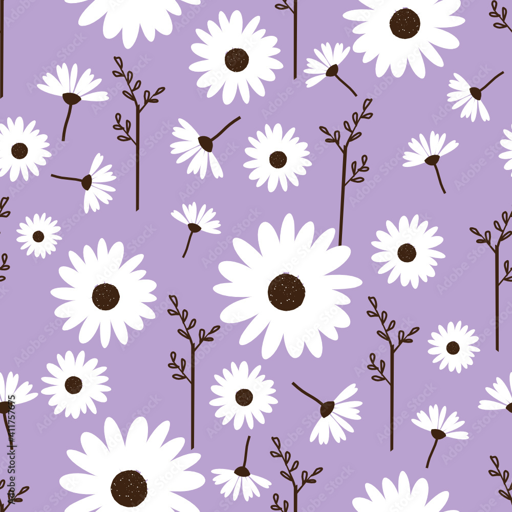 Obraz premium Seamless pattern with cute daisy flower with branch on purple background vector illustration.