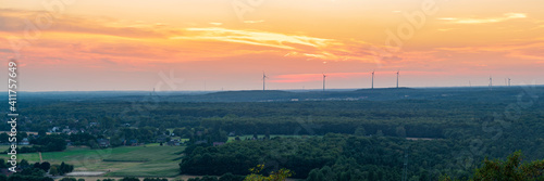 Evening light and some wind turbines in the Ruhr Area, seen from the Halde Haniel, Bottrop, North Rhine-Westfalia, Germany