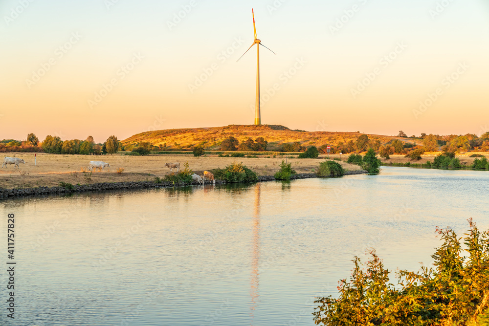 Obraz premium Evening at the River Ruhr with a wind turbine in the background, seen in Duisburg, North Rhine-Westfalia, Germany