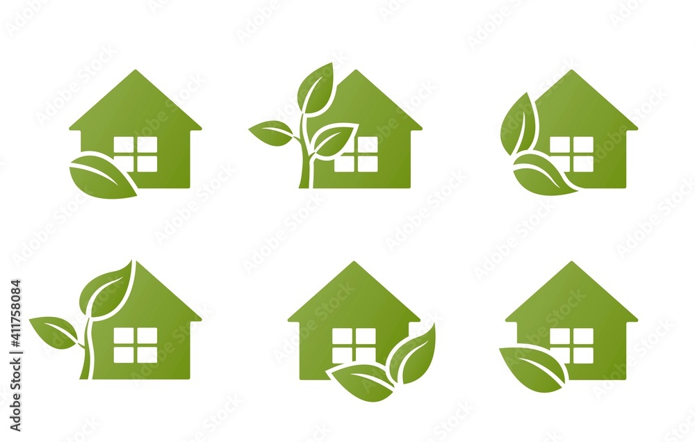 eco house icon set. eco friendly and environmental building symbols. leaf and house eco house icon set. eco friendly and environmental building symbols. leaf and house