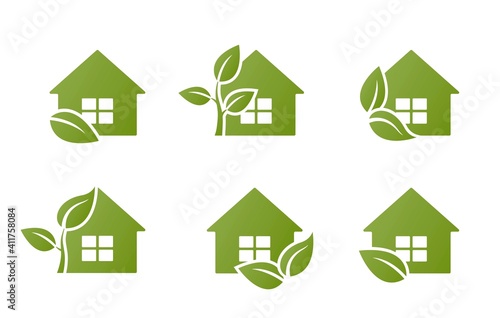 eco house icon set. eco friendly and environmental building symbols. leaf and house