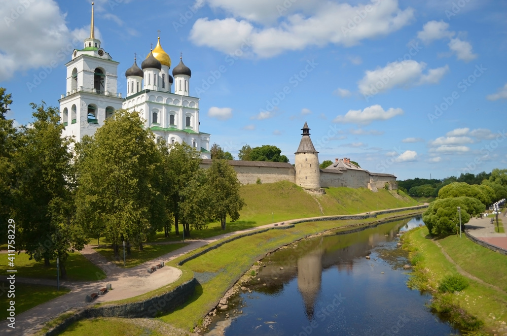 Holy Trinity Cathedral in Pskov. One of the oldest sights in Russia. The Velikaya River flows nearby