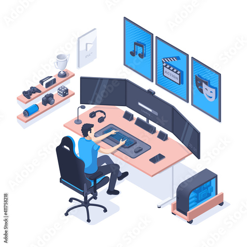 isometric vector illustration on a white background, a man sits at a desk and works at a computer, video blogger's workplace