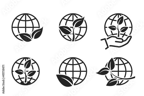 global environment icon set. environmentally friendly and eco symbols. sprout with leaves and earth globe.