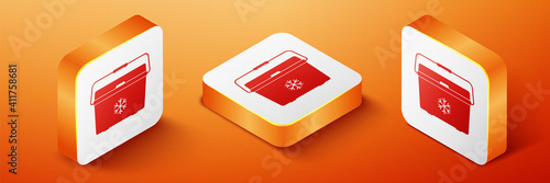 Isometric Cooler bag icon isolated on orange background. Portable freezer bag. Handheld refrigerator. Orange square button. Vector.