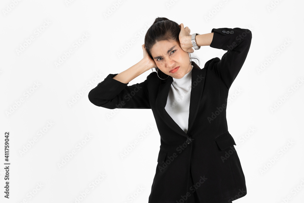 Angry overworked and confused young Asian business woman in suit troubled with financial problem over white isolated background. Angry overworked and confused young Asian business woman in suit troubled with financial problem over white isolated background.
