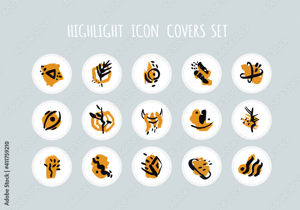 Highlight story icons set. Abstract highlight cover. Hand drawn doodle shapes set with bold stroke line. Contemporary boho style. Vector illustration. Good for social media stories Highlight story icons set. Abstract highlight cover. Hand drawn doodle shapes set with bold stroke line. Contemporary boho style. Vector illustration. Good for social media stories