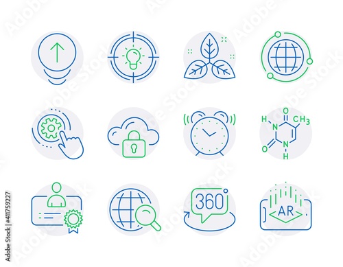 Science icons set. Included icon as Cloud protection, Swipe up, Chemical formula signs. Internet search, Fair trade, 360 degree symbols. Certificate, Alarm clock, Idea. Cogwheel settings. Vector