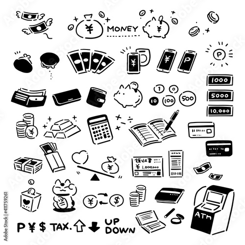 お金 アイコン モノクロ 手描き セット