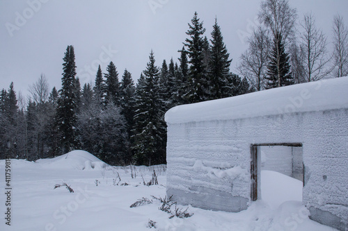Wallpaper Mural Ruins of a building in the winter frosty taiga. Ruins of a one-story concrete army building in the taiga. Torontodigital.ca