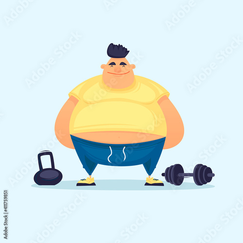 Fat man in the gym, fitness. Excess weight. Flat design vector illustration.