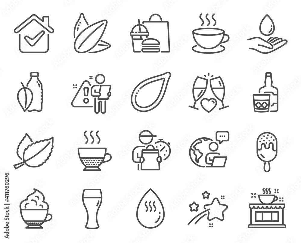 Food and drink icons set. Included icon as Sunflower seed, Coffee shop, Whiskey glass signs. Pumpkin seed, Water care, Hot water symbols. Cappuccino cream, Doppio, Mint leaves. Cappuccino. Vector Food and drink icons set. Included icon as Sunflower seed, Coffee shop, Whiskey glass signs. Pumpkin seed, Water care, Hot water symbols. Cappuccino cream, Doppio, Mint leaves. Cappuccino. Vector