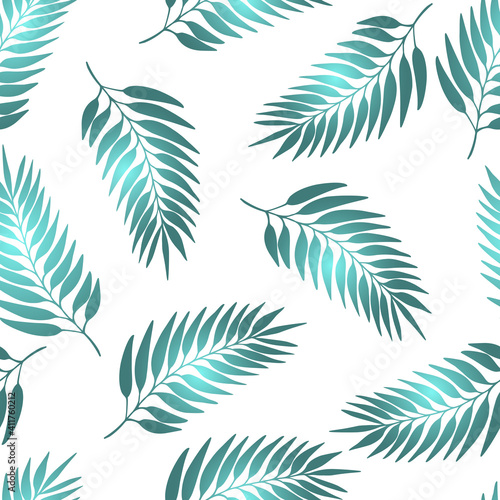 Fototapeta Naklejka Na Ścianę i Meble -  Floral seamless pattern with colorful exotic leaves on white background. Tropic green branches. Fashion vector stock illustration for wallpaper, posters, card, fabric, textile.