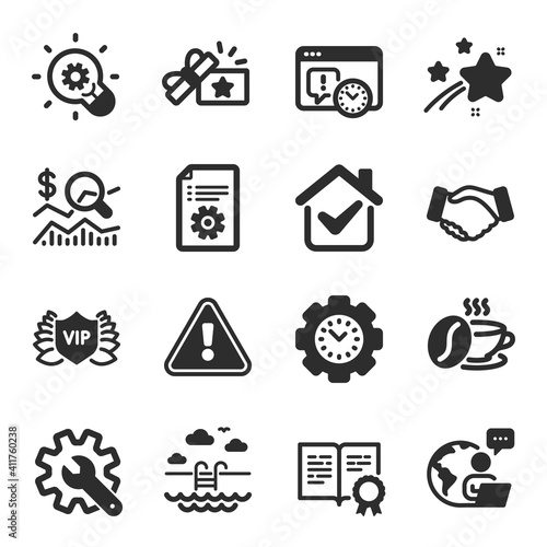 Set of Business icons, such as Technical documentation, Loyalty gift, Check investment symbols. Certificate, Innovation, Customisation signs. Swimming pool, Project deadline, Coffee cup. Vector © blankstock