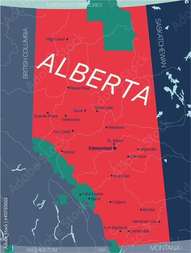 Alberta province vector editable map of the Canada with capital, national borders, cities and towns, rivers and lakes. Vector EPS-10 file