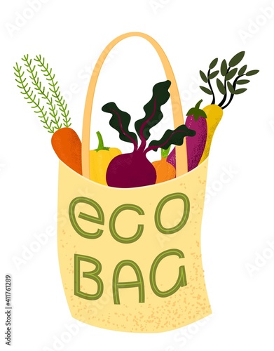 Eco bag. Vector illustration of cloth tote full of organic vegetables with lettering.