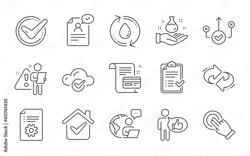 Like, Touchscreen gesture and Resume document line icons set. Refill water, Refresh and Confirmed signs. Chemistry lab, Cloud computing and Approved checklist symbols. Line icons set. Vector Like, Touchscreen gesture and Resume document line icons set. Refill water, Refresh and Confirmed signs. Chemistry lab, Cloud computing and Approved checklist symbols. Line icons set. Vector