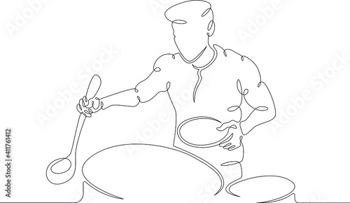 Chef prepares food in the kitchen. Male cook in uniform with kitchen utensils at work.One continuous drawing line  logo single hand drawn art doodle isolated minimal illustration.