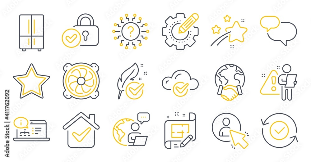 Set of Technology icons, such as Star, Hypoallergenic tested, Refrigerator symbols. User, Computer fan, Question mark signs. Architect plan, Security confirmed, Online documentation. Vector Set of Technology icons, such as Star, Hypoallergenic tested, Refrigerator symbols. User, Computer fan, Question mark signs. Architect plan, Security confirmed, Online documentation. Vector
