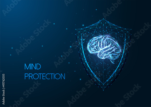 Futuristic mental health concept with gloving low polygonal human brain and protective shield