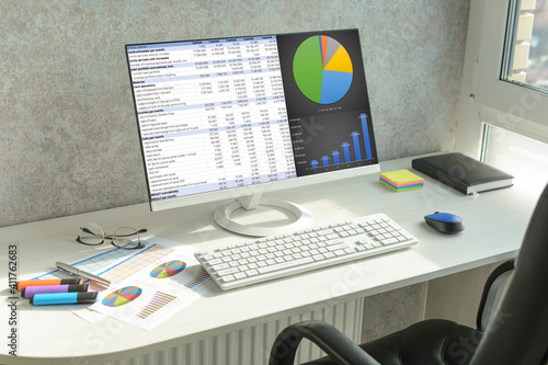 Canvas Print Workspace with data. Soft focus and blur on first plan.