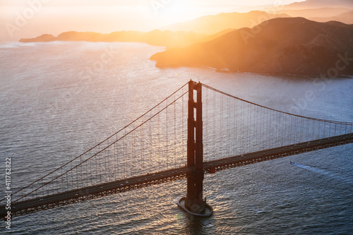 Aerial of Golden gate bridge at sunset, San Francisco, USA photo