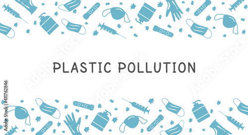 Covid Coronavirus Waste Banner. Plastic pollution background. Environmental issue or ecology problem of marine rubbish, syringe, hand sanitizer, latex glove, face masks in sea. Vector illustration.