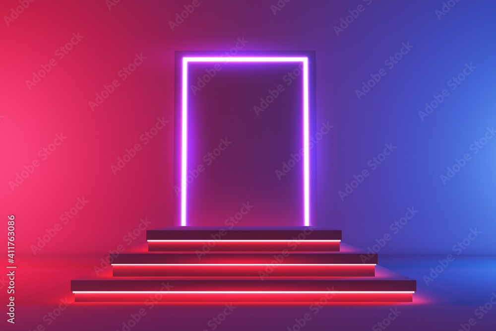 Futuristic empty square pedestal or podium with neon light. Colorful minimal concept design. Abstract modern art illustration for presentation template. Bright 3d render. Futuristic empty square pedestal or podium with neon light. Colorful minimal concept design. Abstract modern art illustration for presentation template. Bright 3d render.