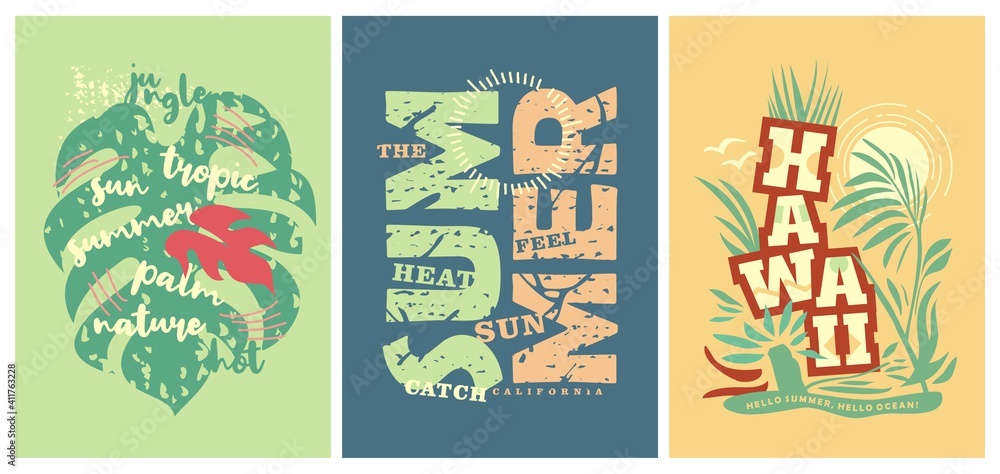 Obraz premium Summer tee shirts prints with Hawaii motives and floral tropical patterns and lettering. Vector stylish t-shirt and apparel trendy design templates. Fashion style fabric clothing ideas. 
