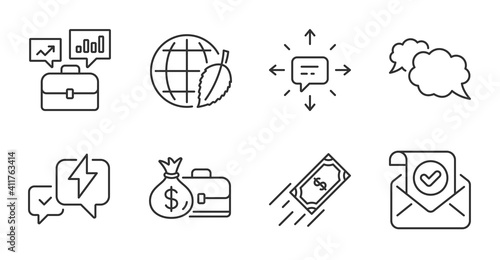 Sms, Messenger and Business portfolio line icons set. Confirmed mail, Fast payment and Lightning bolt signs. Salary, Environment day symbols. Conversation, Speech bubble, Job interview. Vector