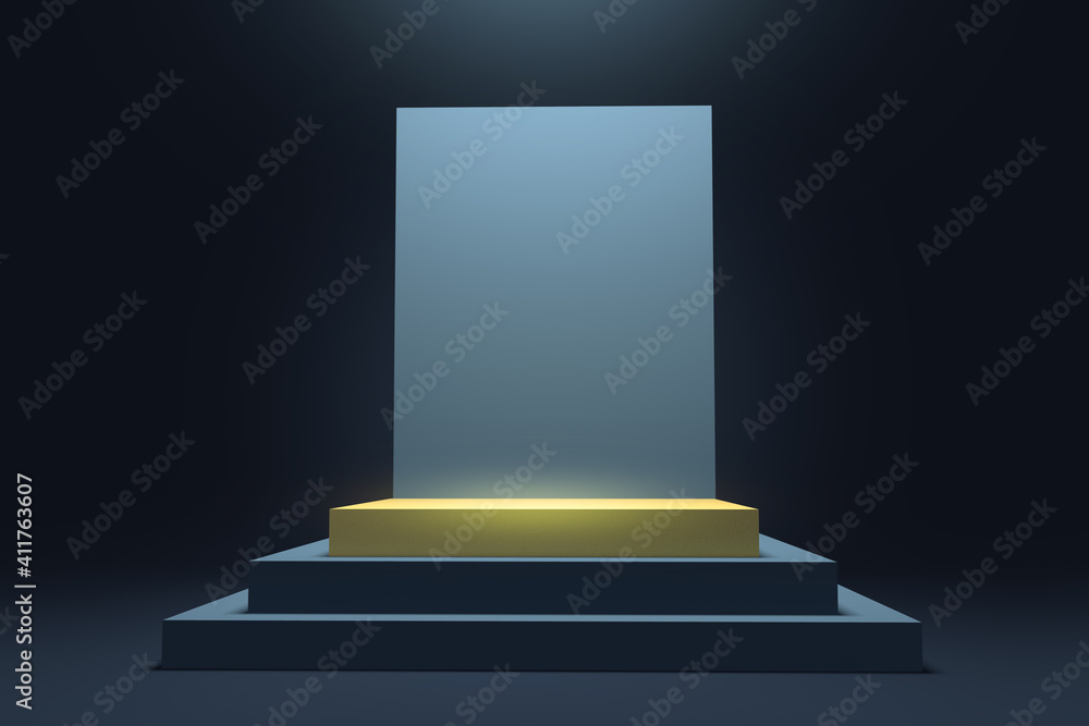 Fototapeta premium Square empty black pedestal or podium with golden elements. Colorful minimal concept design. Abstract modern art illustration for presentation template. 3d render.