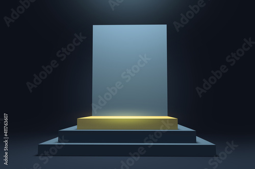 Square empty black pedestal or podium with golden elements. Colorful minimal concept design. Abstract modern art illustration for presentation template. 3d render.