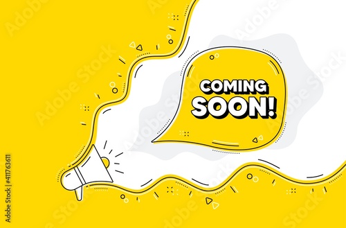 Coming soon. Loudspeaker alert message. Promotion banner sign. New product release symbol. Yellow background with megaphone. Announce promotion offer. Coming soon bubble. Vector