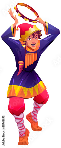 Russian buffoon dances and beats tambourine. Vintage clown in bast shoes