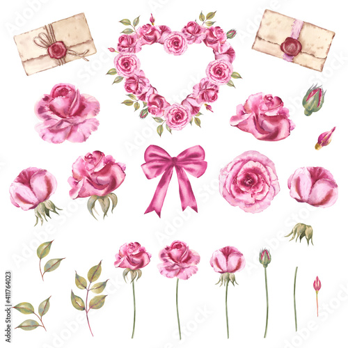 Watercolor Valentine s day illustration set. Rose floral heart wreath. Valentine Love Vintage Letters. Romantic retro envelopes.
