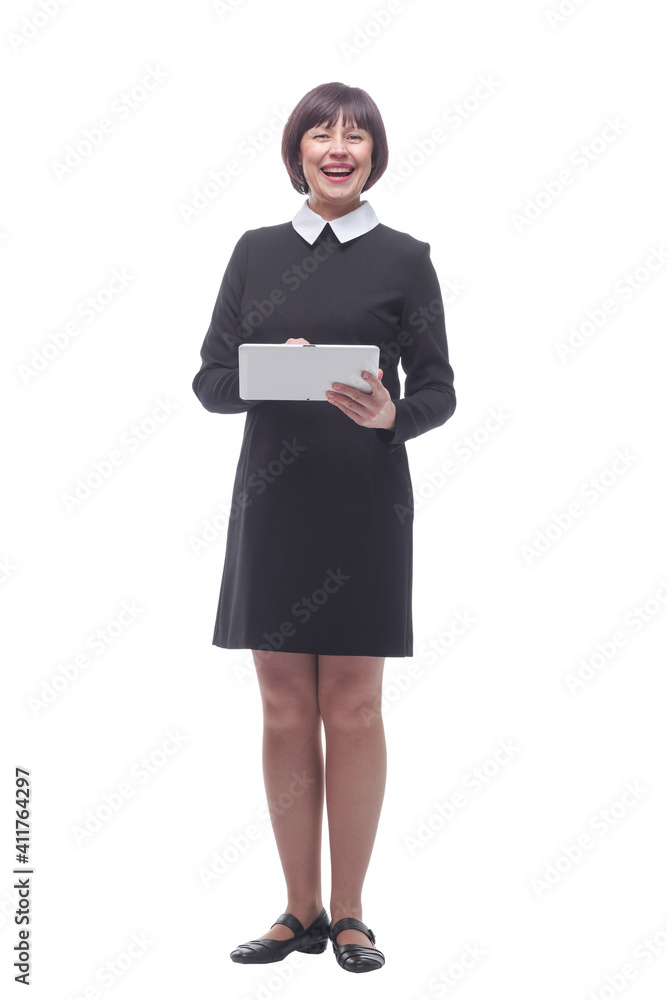 happy young business woman with a digital tablet . happy young business woman with a digital tablet .