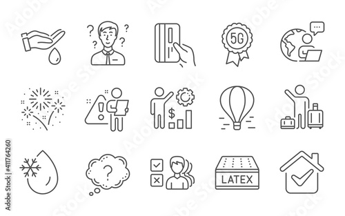 Wash hands, Opinion and Fireworks line icons set. Support consultant, 5g technology and Payment card signs. Question mark, Employees wealth and Air balloon symbols. Line icons set. Vector