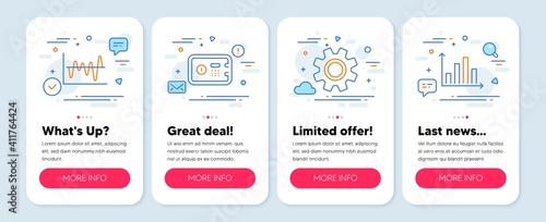 Set of line icons, such as Stock analysis, Service, Safe box symbols. Mobile app mockup banners. Diagram graph line icons. Business trade, Cogwheel gear, Deposit. Presentation chart. Vector