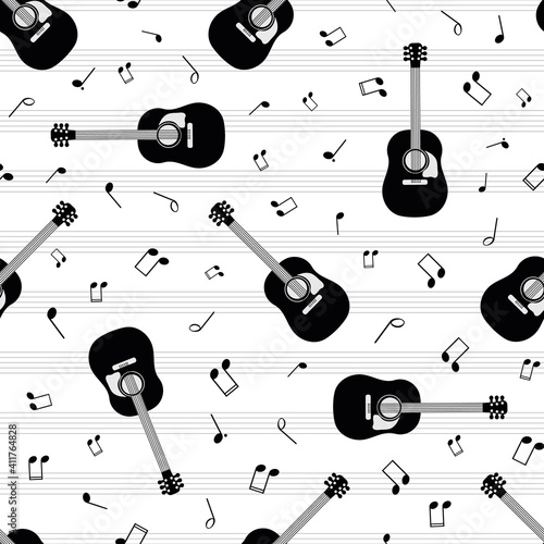 Acoustic guitar and music notes vector seamless pattern background. String instrument and annotation backdrop with musical staff horizontal lines. Fun repeat for music lesson or festival concept