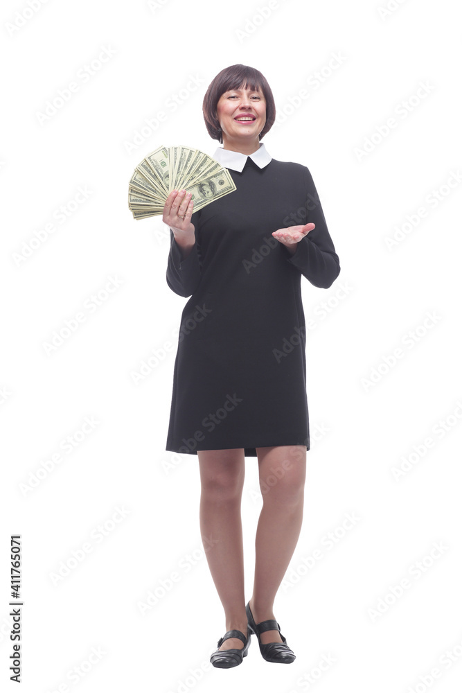 happy business woman showing a bundle of banknotes . happy business woman showing a bundle of banknotes .