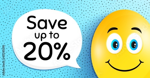 Save up to 20 percent. Easter egg with smile face. Discount Sale offer price sign. Special offer symbol. Easter smile character. Discount speech bubble. Yellow egg background. Vector