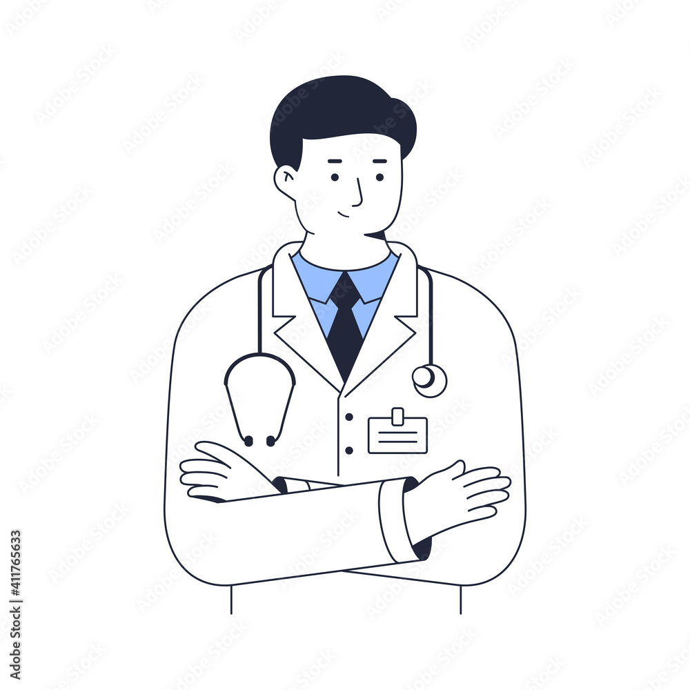 Doctor stands with arms crossed. Man medical worker portrait. Line vector illustration isolated on white background