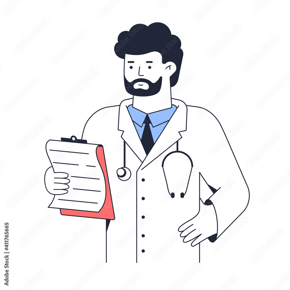 Doctor stands with clipboard in his hand. Man medical worker portrait. Line vector illustration isolated on white background