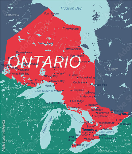 Ontario province vector editable map of the Canada with capital, national borders, cities and towns, rivers and lakes. Vector EPS-10 file
