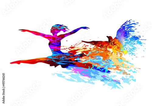Ballet dancer jumping with flying birds