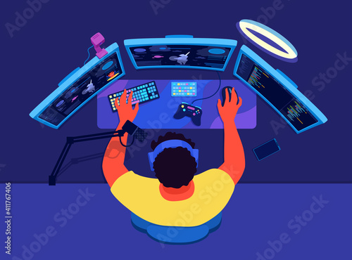 Video game streamer broadcasting. PC gaming broadcast. A live streamer, a gamer man with a microphone, three displays, headphones. A view from above on a desktop. A vector cartoon illustration.