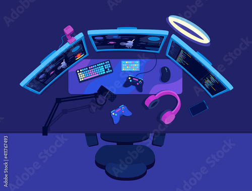 The desktop workspace of a video game streamer, gamer. Broadcast equipment. PC gaming flat lay. Three displays, condenser microphone, gamepad, headphones. A vector cartoon illustration.