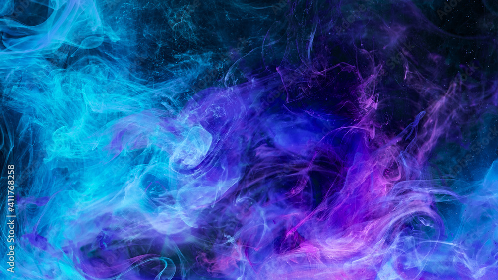 Color mist. Abstract background. Ink in water blend. Glowing smoke cloud texture. Fluorescent blue purple vapor splash with sparks on dark.