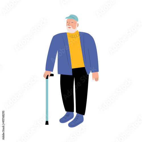 An elderly man holding a walking stick. Gray-haired grandfather. Flat colorful vector illustration on white background