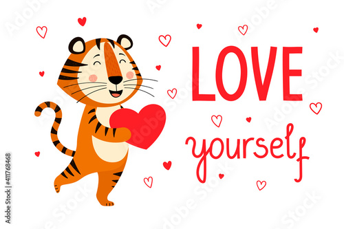 A postcard template with a cute tiger, the symbol of the year 2022 in the Chinese calendar. The handwritten text "Love yourself". Vector stock illustration. © Мария Кутепова